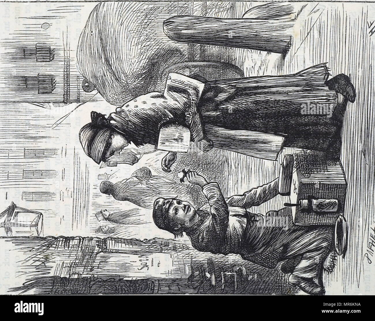 Incisione raffigurante un boot-boy dando un fiore di un normale cliente. Datata del XIX secolo Foto Stock