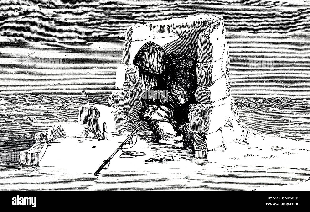 Incisione raffigurante un eschimese guardando un foro di tenuta. Datata del XIX secolo Foto Stock
