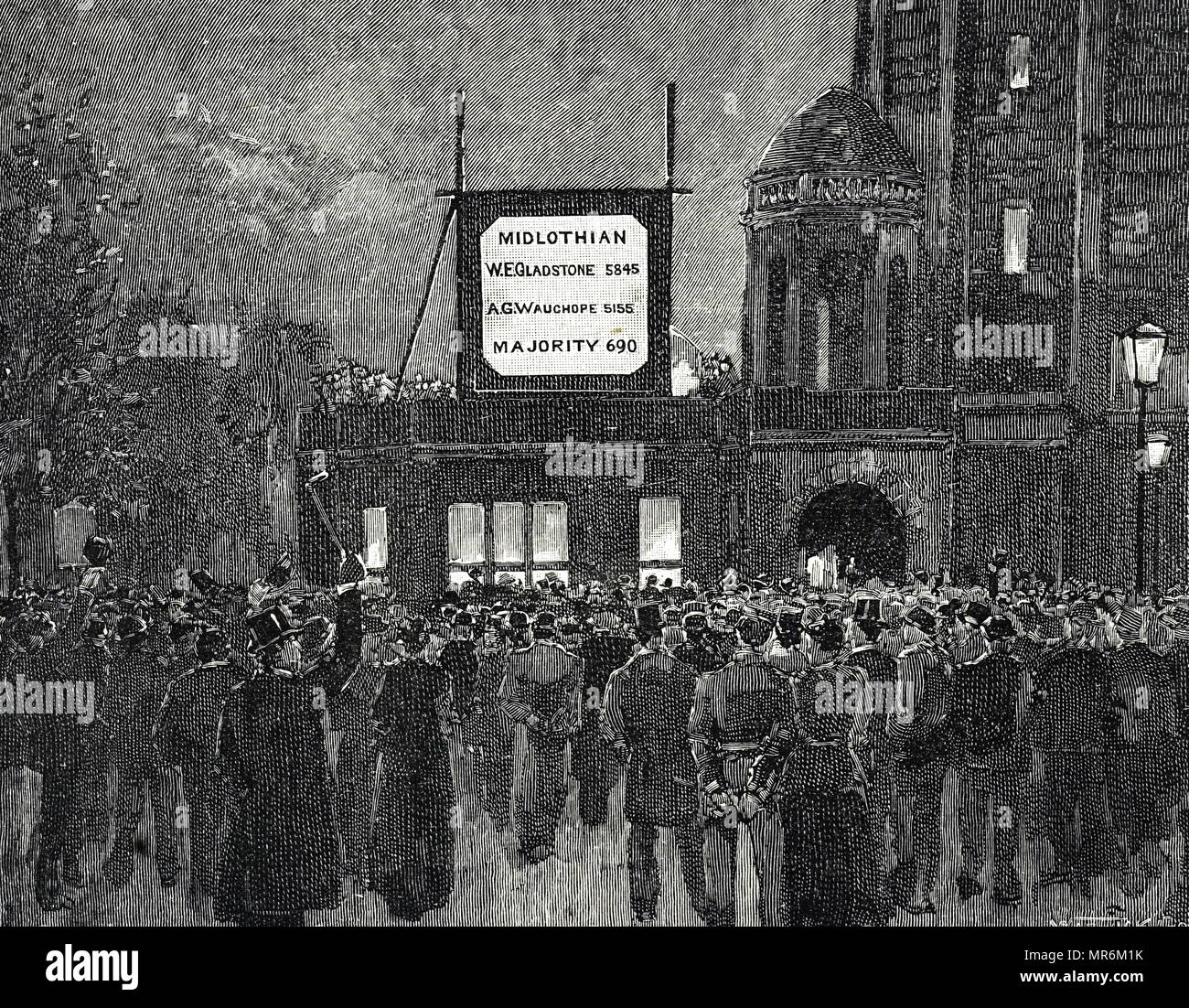 Incisione raffigurante il al di fuori della Nazionale Club liberale durante la campagna elettorale del 1892 mostra William Gladstone maggioranza nel suo Midlothian circoscrizione. Datata del XIX secolo Foto Stock