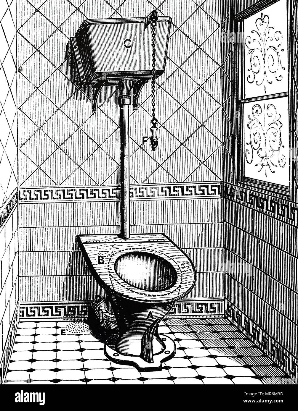 Incisione raffigurante un piedistallo WC con sifone lavaggio del sistema.  Datata del XIX secolo Foto stock - Alamy