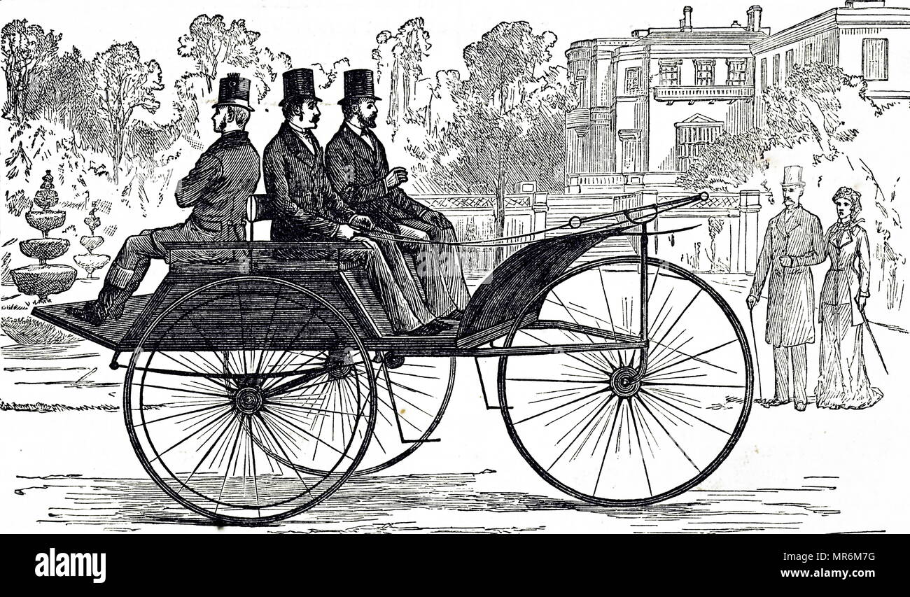 Incisione raffigurante un vapore triciclo motorizzato essendo utilizzato in Londra. Datata del XIX secolo Foto Stock