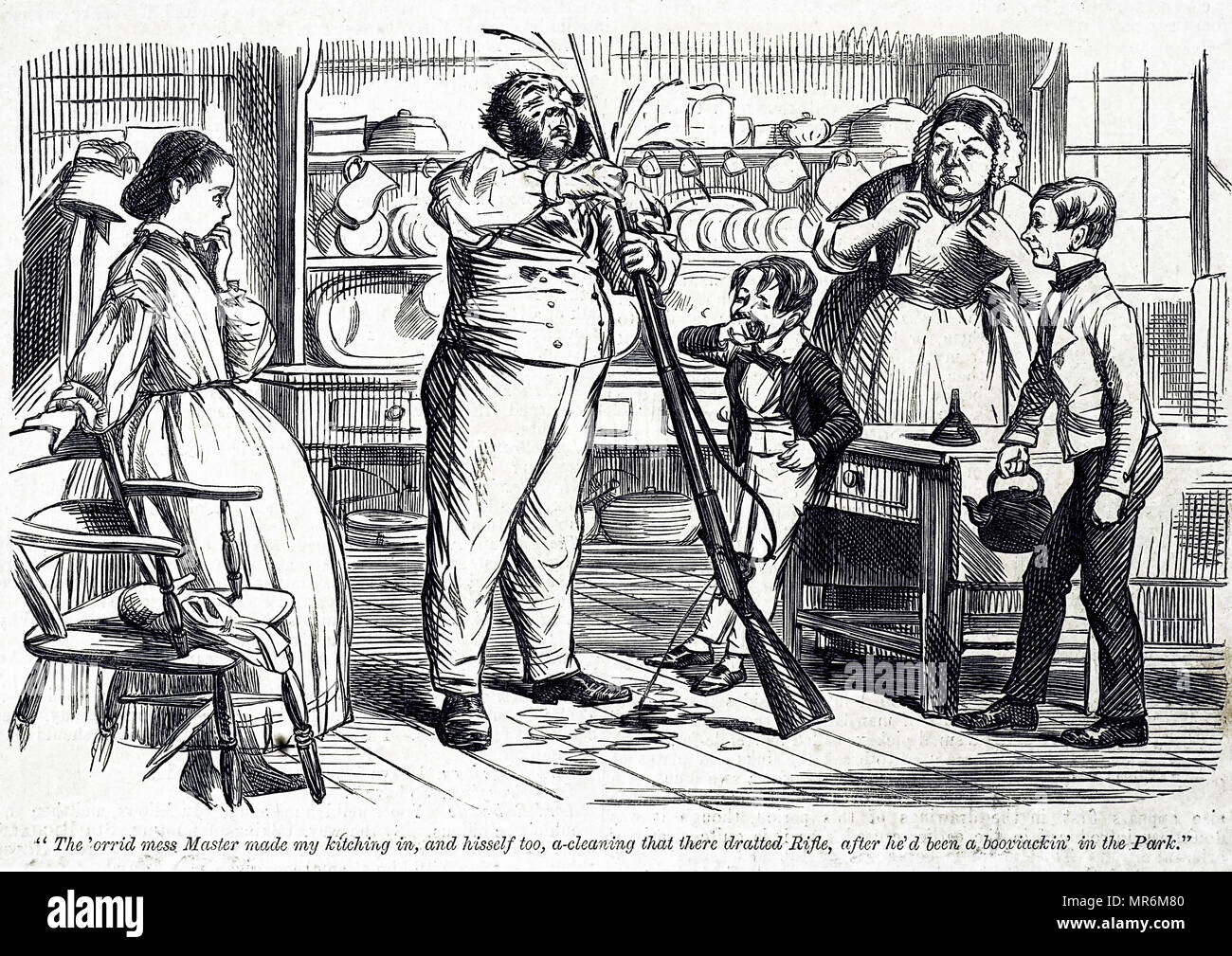 Cartoon raffigurante un volontario di Londra la pulizia il suo fucile pronto per la stagione estiva con manovre in Hyde Park. Datata del XIX secolo Foto Stock