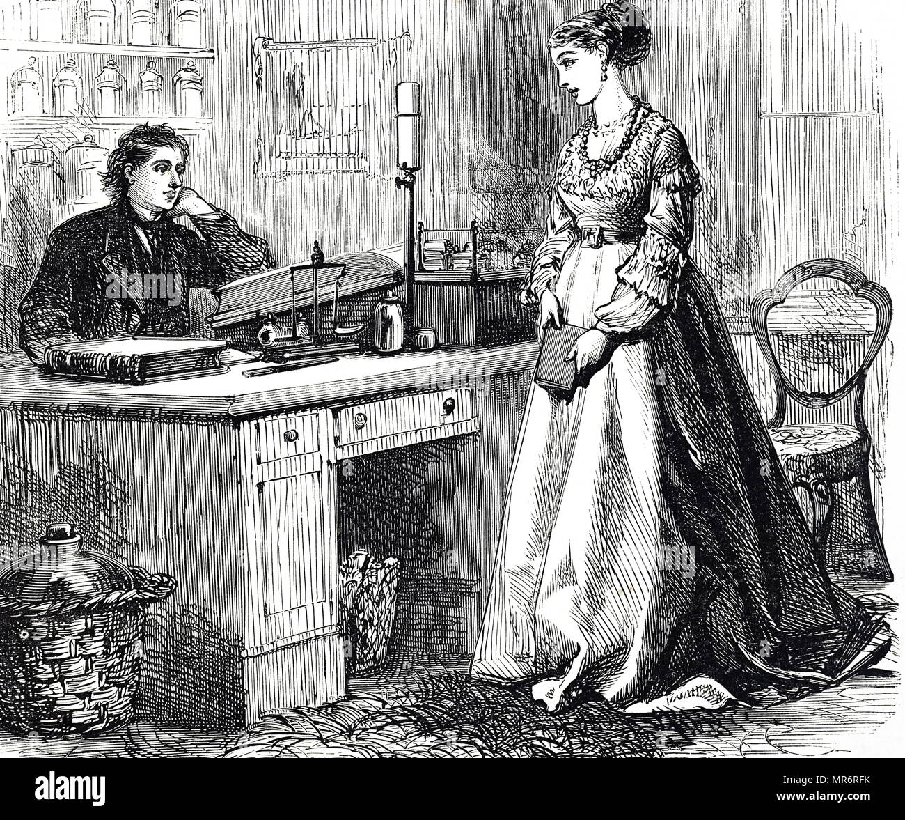 Incisione raffigurante un medico di essere visitato da sua moglie nel suo intervento chirurgico. Datata del XIX secolo Foto Stock