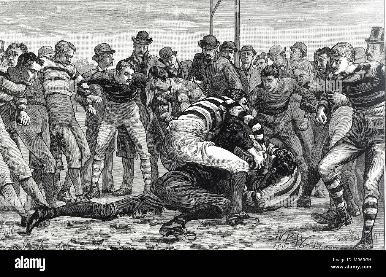 Incisione raffigurante Uomini giocando a rugby. Il Rugby Union regole significa che i difensori cercano di evitare che l'opposizione facendo una prova. Datata del XIX secolo Foto Stock