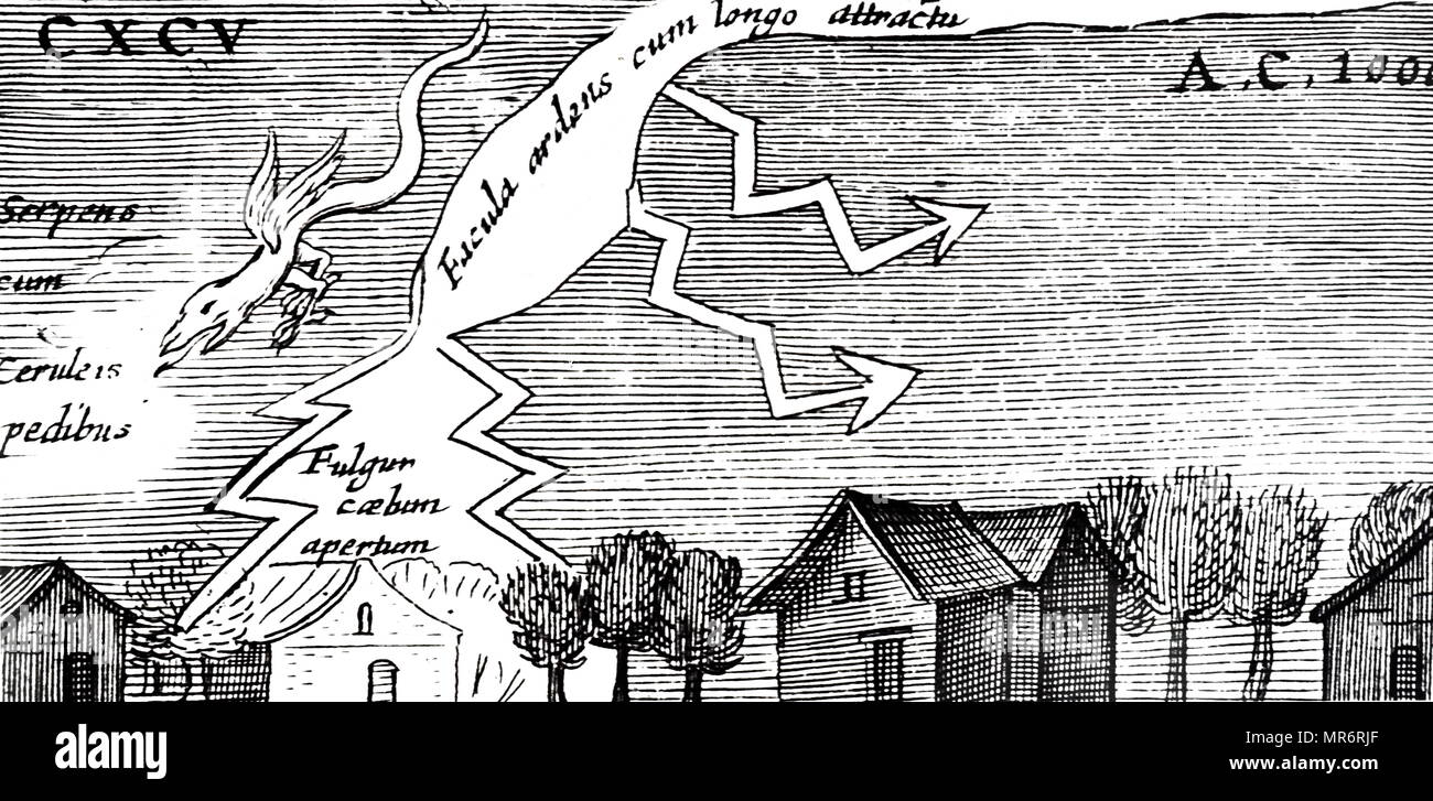 Woodblock incisione raffigurante un alleggerimento ed una palla di fuoco nel cielo. Risalenti al XVII secolo Foto Stock
