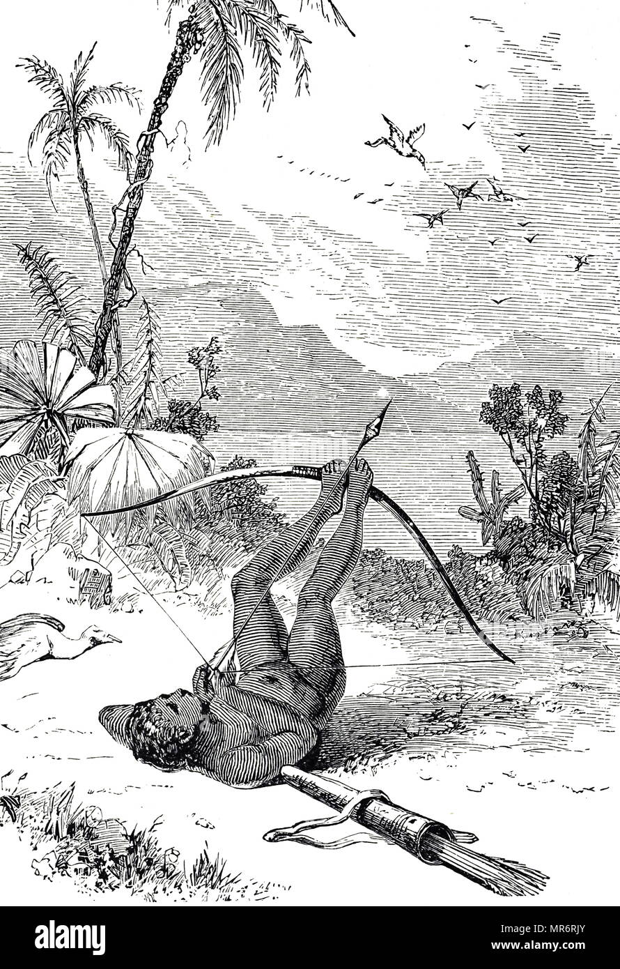 Incisione raffigurante il South American Indian procedimento di utilizzo di un arco e frecce di caccia agli uccelli. Datata del XIX secolo Foto Stock