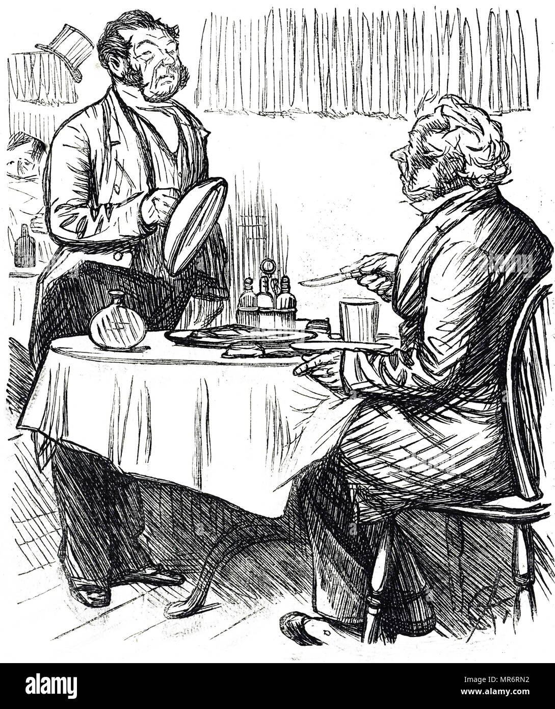 Cartoon commentando la condizione del cibo servito spesso in London eating case. Datata del XIX secolo Foto Stock