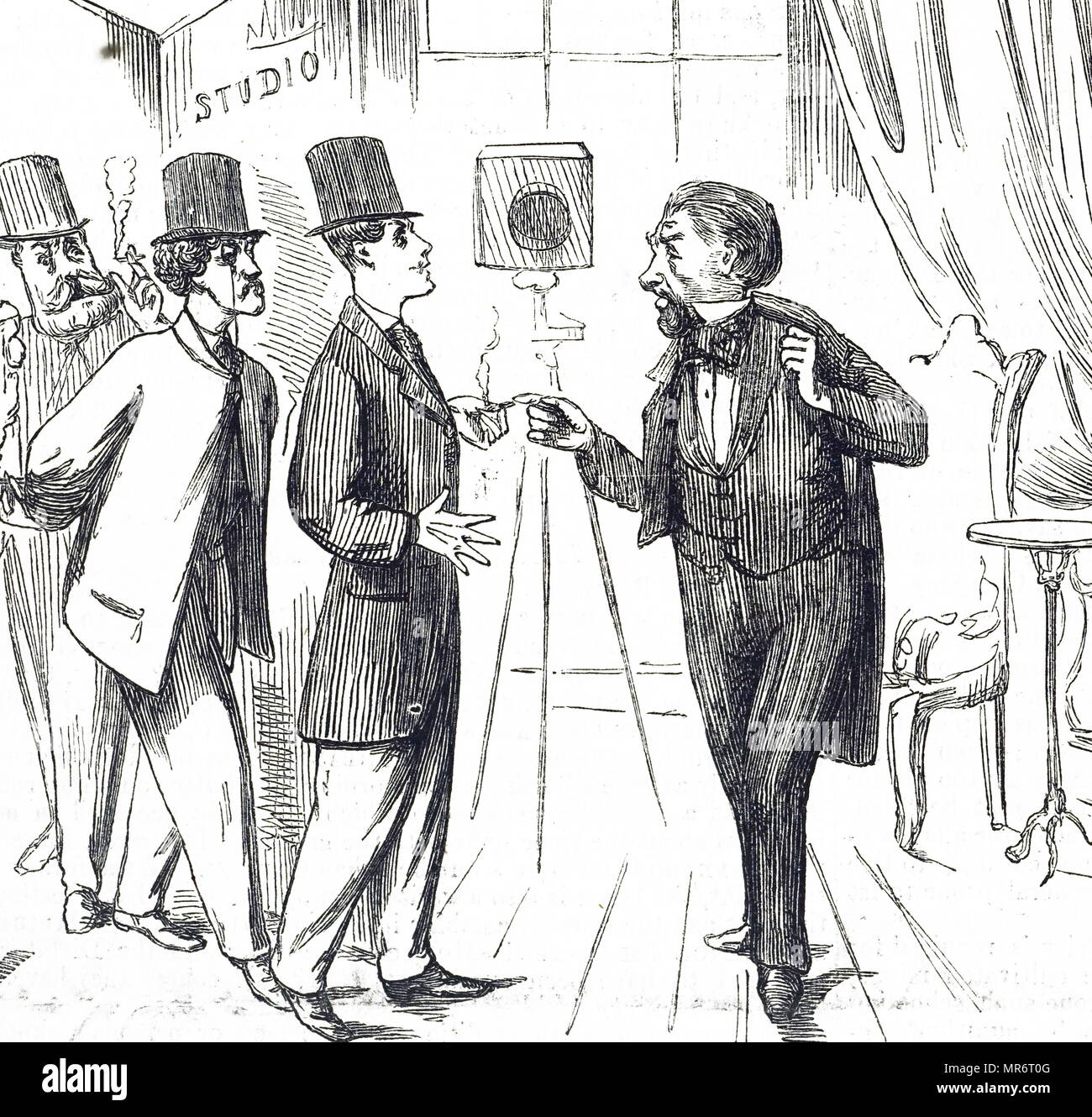 Cartoon raffiguranti uomini in coda per avere i loro ritratti fotografici presi. Datata del XIX secolo Foto Stock