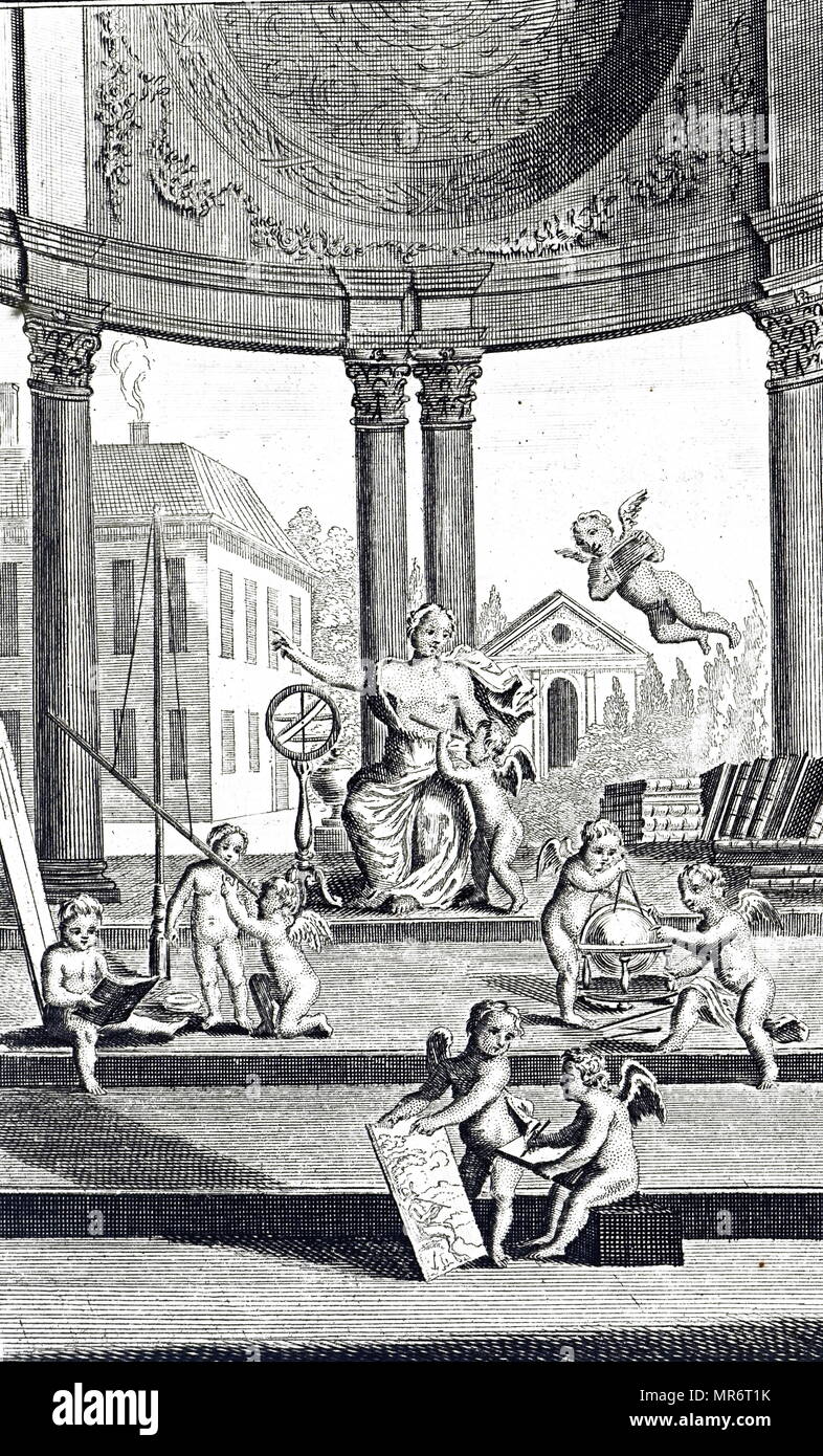 Un frontespizio allegorico raffigura l'apprendimento, la ragione e la tecnica. Datata xviii secolo Foto Stock