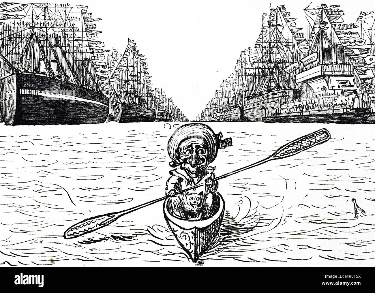 Cartoon raffigurante il signor Punch rivedendo la Marina britannica, con il cane Toby, come parte della revisione Spithead che ha segnato la Regina Vittoria per il Giubileo di diamante. Datata del XIX secolo Foto Stock