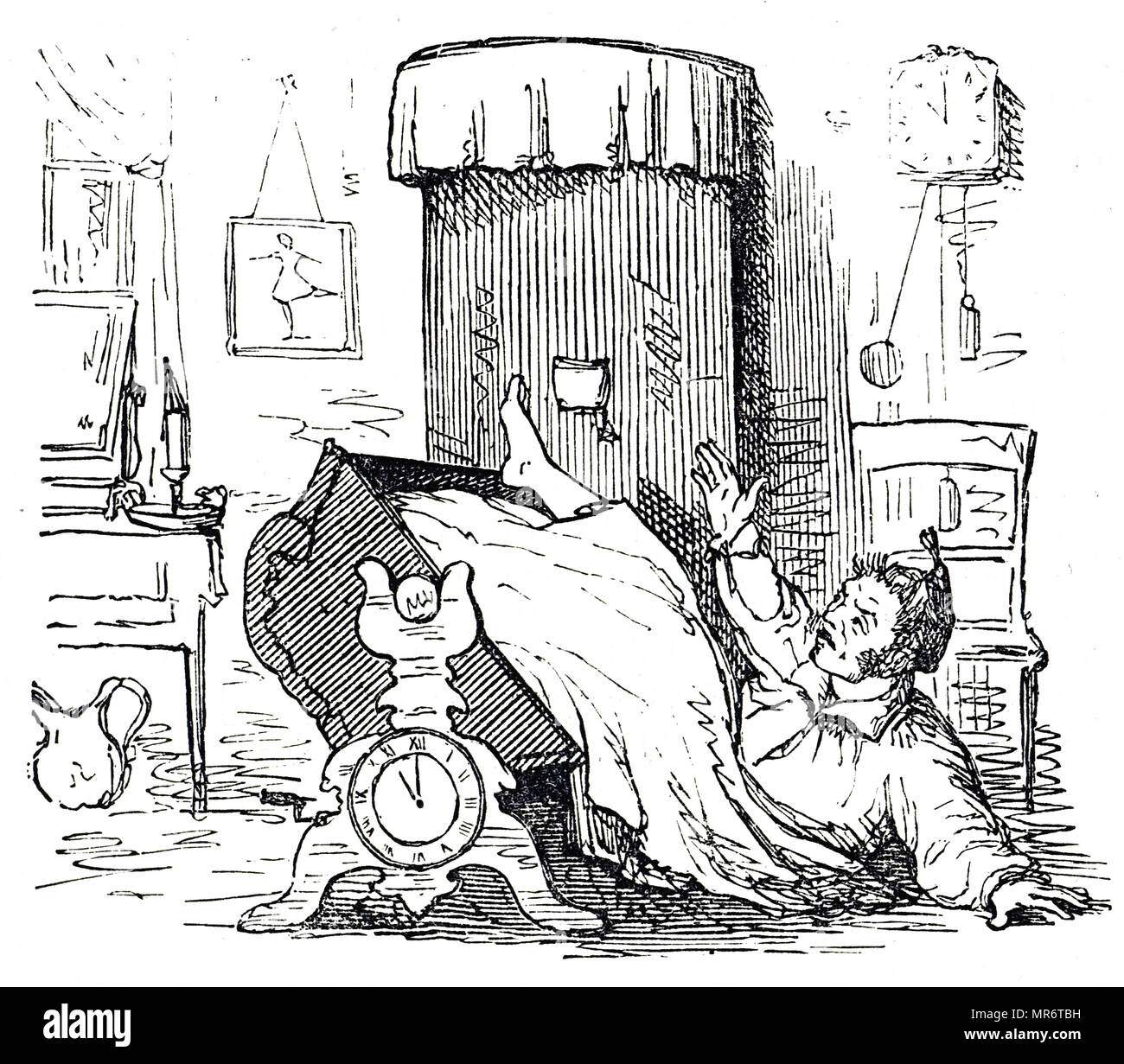 Cartoon raffiguranti Theodore Jones' allarme silenzioso orologio letto che è stata esposta presso la grande esposizione. Secondo il catalogo ufficiale 'il movimento della mano di un comune orologio girare a chiunque fuori del letto in qualsiasi data ora quando è collegato a questo letto. Datata del XIX secolo Foto Stock