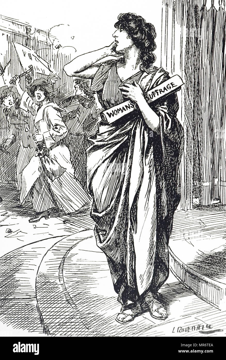 Cartoon commentando la il suffragio femminile movimento. In data xx secolo Foto Stock