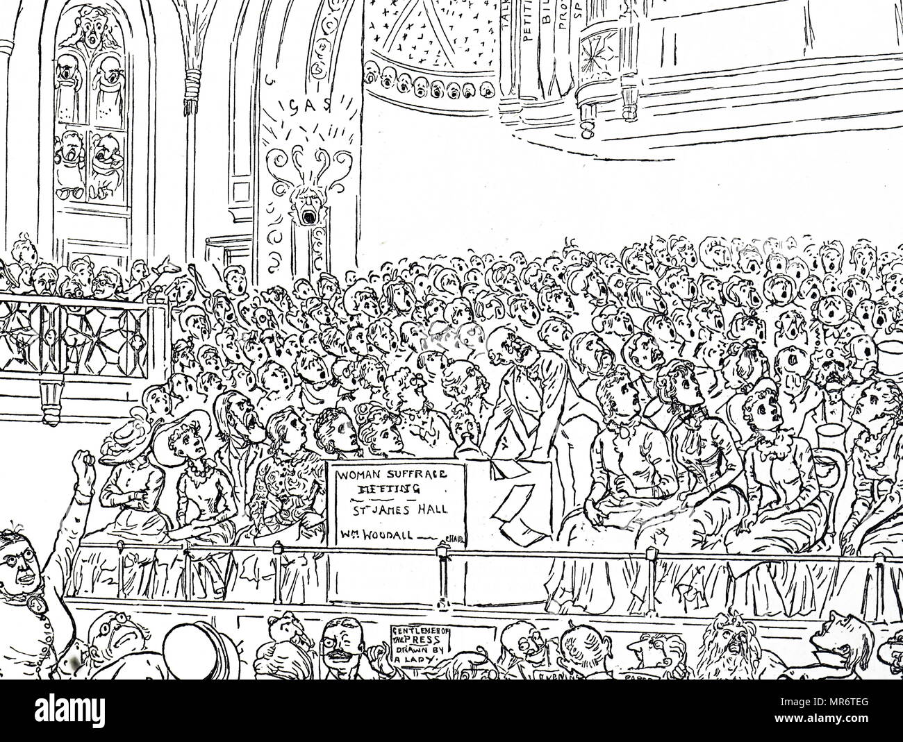 Cartoon commentando la il suffragio femminile movimento - il suffragio femminile incontro a St James' Hall di Londra. In data xx secolo Foto Stock