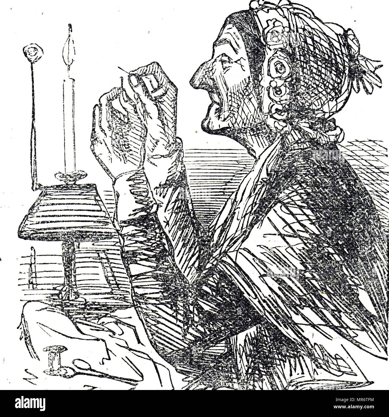 Cartoon raffigurante una vecchia signora avendo difficoltà di infilaggio di un ago di cucitura. Datata del XIX secolo Foto Stock Cartoon raffigurante una vecchia signora avendo difficoltà di infilaggio di un ago di cucitura. Datata del XIX secolo Foto Stock