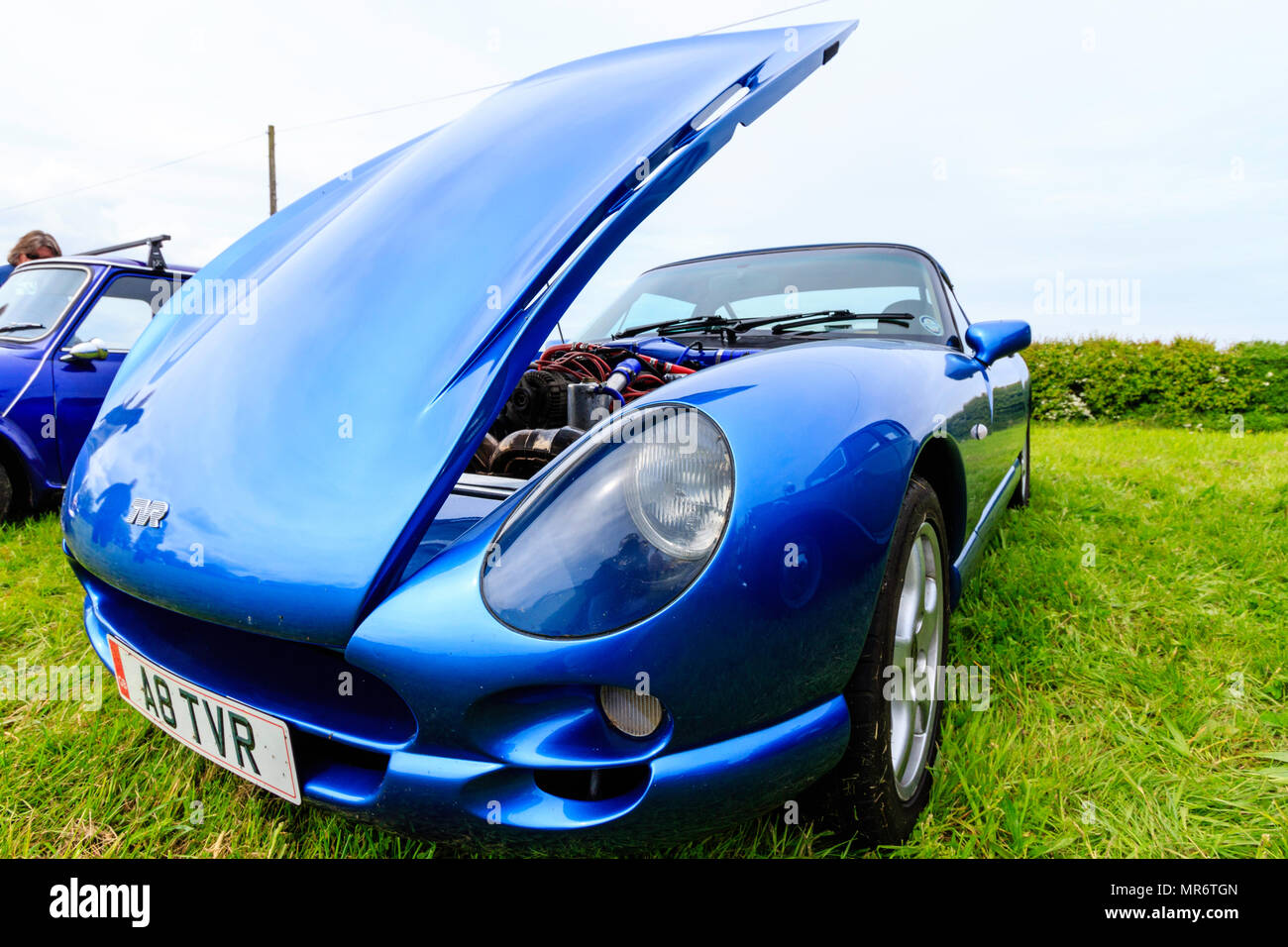 Vintage classic car, TVR chimeara. Circa novanta. Vista laterale con il cofano motore, il cofano aperto. Nel campo in erba al classico piccolo auto da rally. Foto Stock