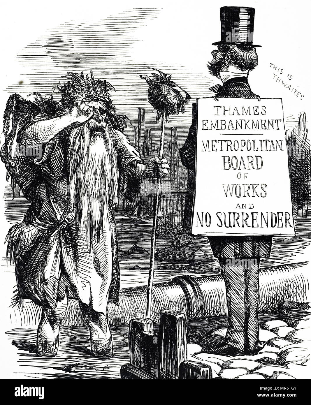 Cartoon raffigurante Giovanni Thwaites, Presidente del Consiglio Metropolitano di opere, faccia a faccia con il Padre Tamigi. Nel 1861 il Consiglio di Amministrazione ha ricevuto quasi un milione di sterline e speso 900.000 sterline sul Tamigi Embankment e il Metropolitan principale schema di drenaggio in mezzo alla radura fino al Tamigi e fornendo a Londra con il corretto smaltimento delle acque luride. John Thwaites (1815-1870) un uomo politico britannico e primo presidente del Consiglio Metropolitano di opere. Datata del XIX secolo Foto Stock