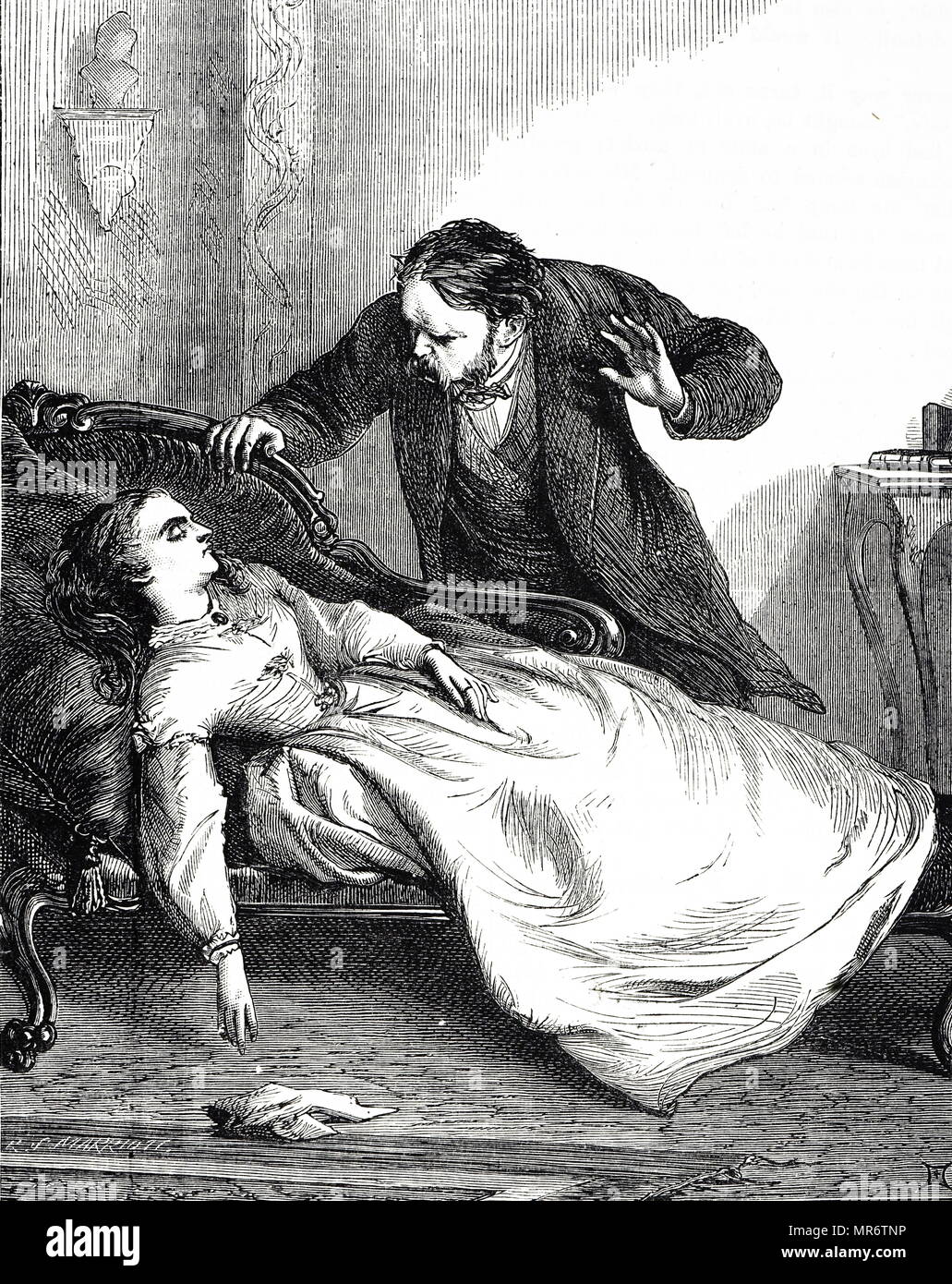 Incisione raffigurante un padre scoprendo la sua figlia morta. Datata del XIX secolo Foto Stock