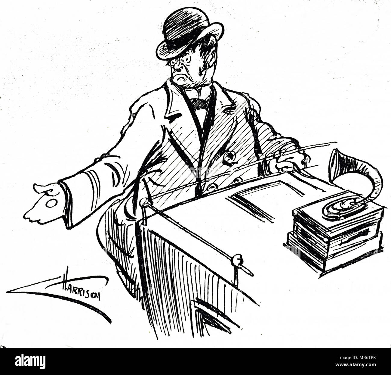 Cartoon raffigurante un uso proposto del fonografo di Edison - la introduzione dei tassametri per cabine di Londra. Un fonografo è la meccanica di registrazione e di riproduzione del suono. Inventato da Thomas Edison (1847-1931) un inventore americano e imprenditore. In data xx secolo Foto Stock