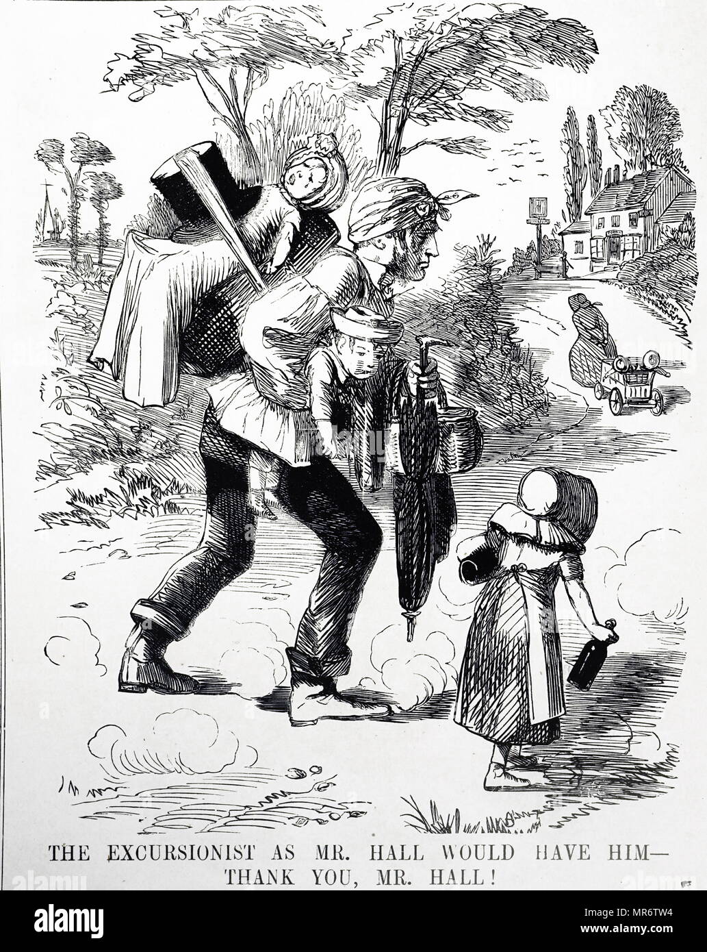Cartoon intitolato " Il destino della Domenica escursionista nella faccia di chiusura domenica". Datata del XIX secolo Foto Stock