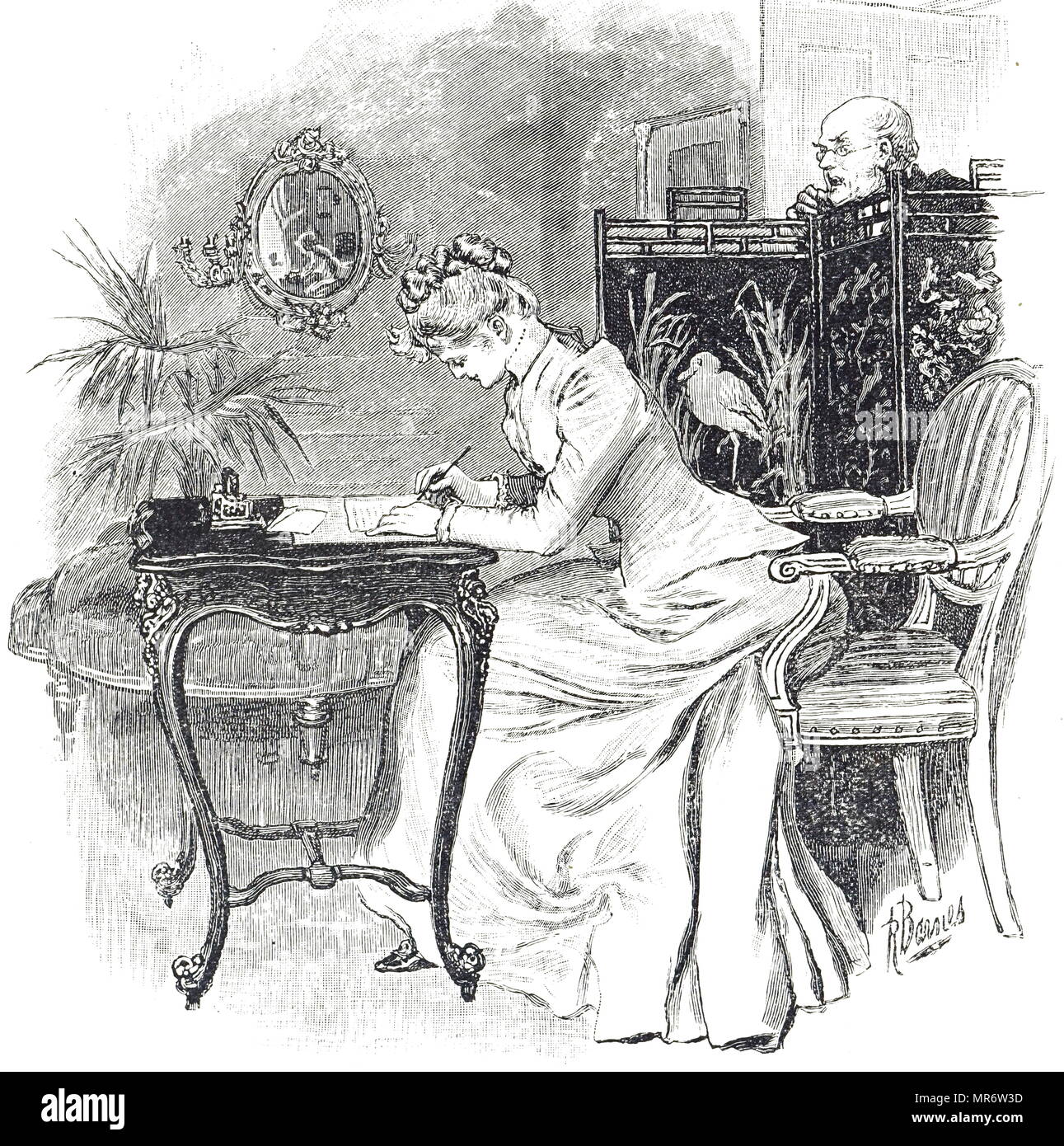 Incisione raffigurante una giovane donna di scrivere una lettera. Datata del XIX secolo Foto Stock Incisione raffigurante una giovane donna di scrivere una lettera. Datata del XIX secolo Foto Stock