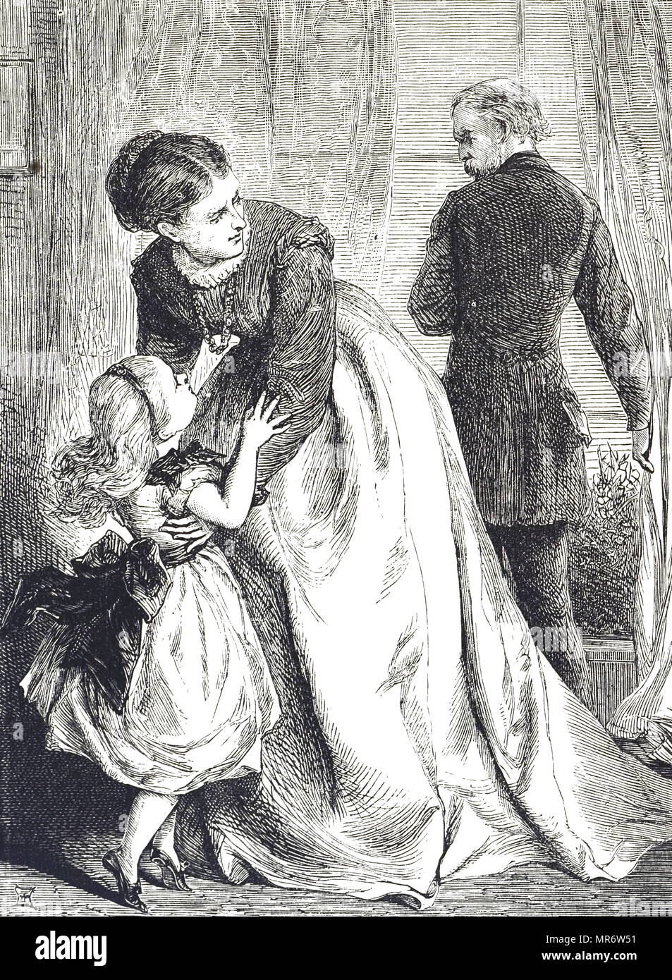 Incisione raffigurante un bambino cerca di protezione dal suo padre arrabbiato, corre a sua madre. Datata del XIX secolo Foto Stock