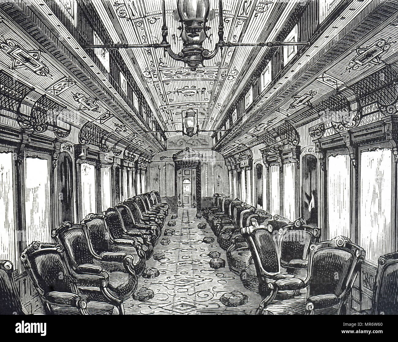 Incisione raffigurante il 'Silver Palace' disegno camera car. Questi erano di Erie, Pacifico e il New York a San Francisco ferrovie. Datata del XIX secolo Foto Stock