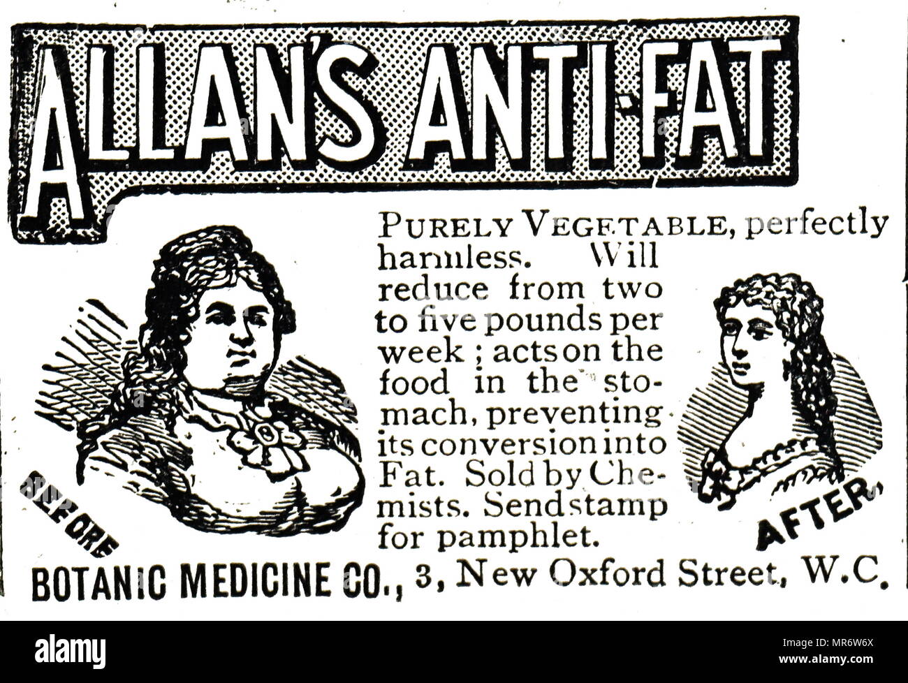 Pubblicità per Allan's Anti-Fat - che ha affermato di essere al cento per cento di origine vegetale e completamente al sicuro. Datata del XIX secolo Foto Stock