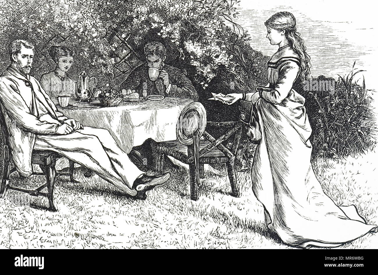 Illustrazione raffigurante una famiglia di prendere la prima colazione nel giardino. Illustrato da Mary Ellen Edwards (1838-1934) un artista inglese e prolifico illustratore di libri per bambini. Datata del XIX secolo Foto Stock