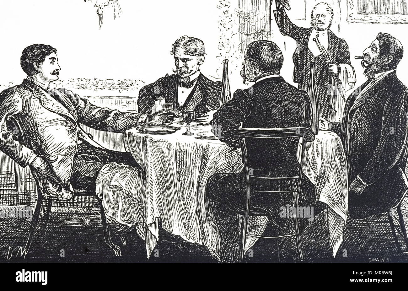 Cartoon intitolato "Colleghi tenendo cena' raffigurante colleghi di mangiare in una sala da pranzo. Illustrato da George du Maurier (1834-1896) un fumettista franco-britannica e l'autore. Datata del XIX secolo Foto Stock