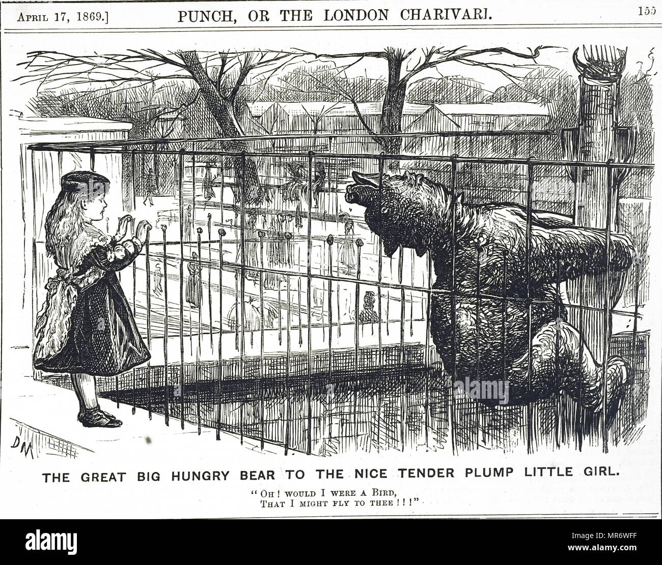 Cartoon commentando sul benessere degli animali presso il London Zoo. Un orso affamato vuole essere liberato in modo che egli possa ottenere cibo. Illustrato da George du Maurier (1834-1896) un fumettista franco-britannica e l'autore. Datata del XIX secolo Foto Stock