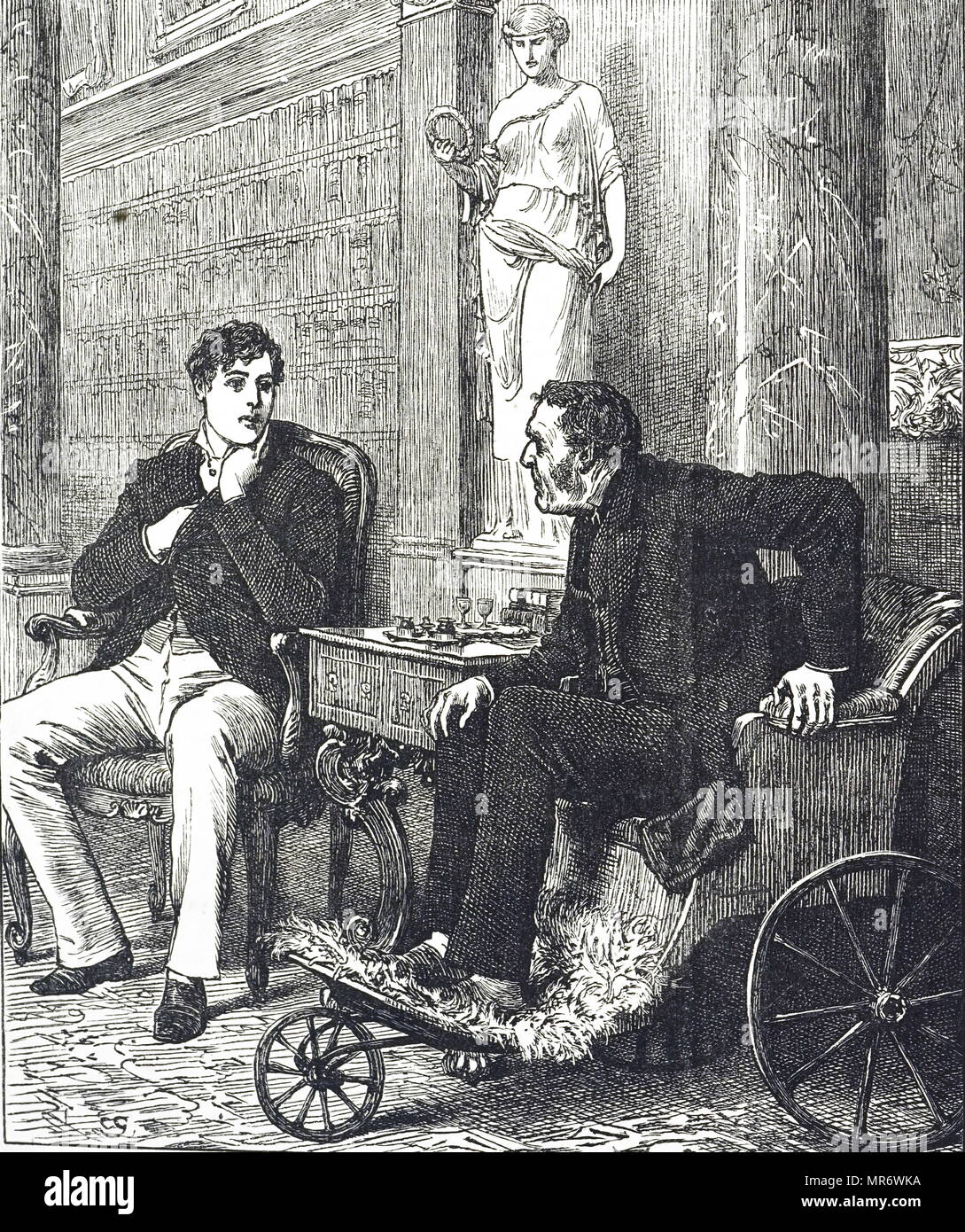 Incisione raffigurante un uomo in un bagno sedia. Datata del XIX secolo Foto Stock