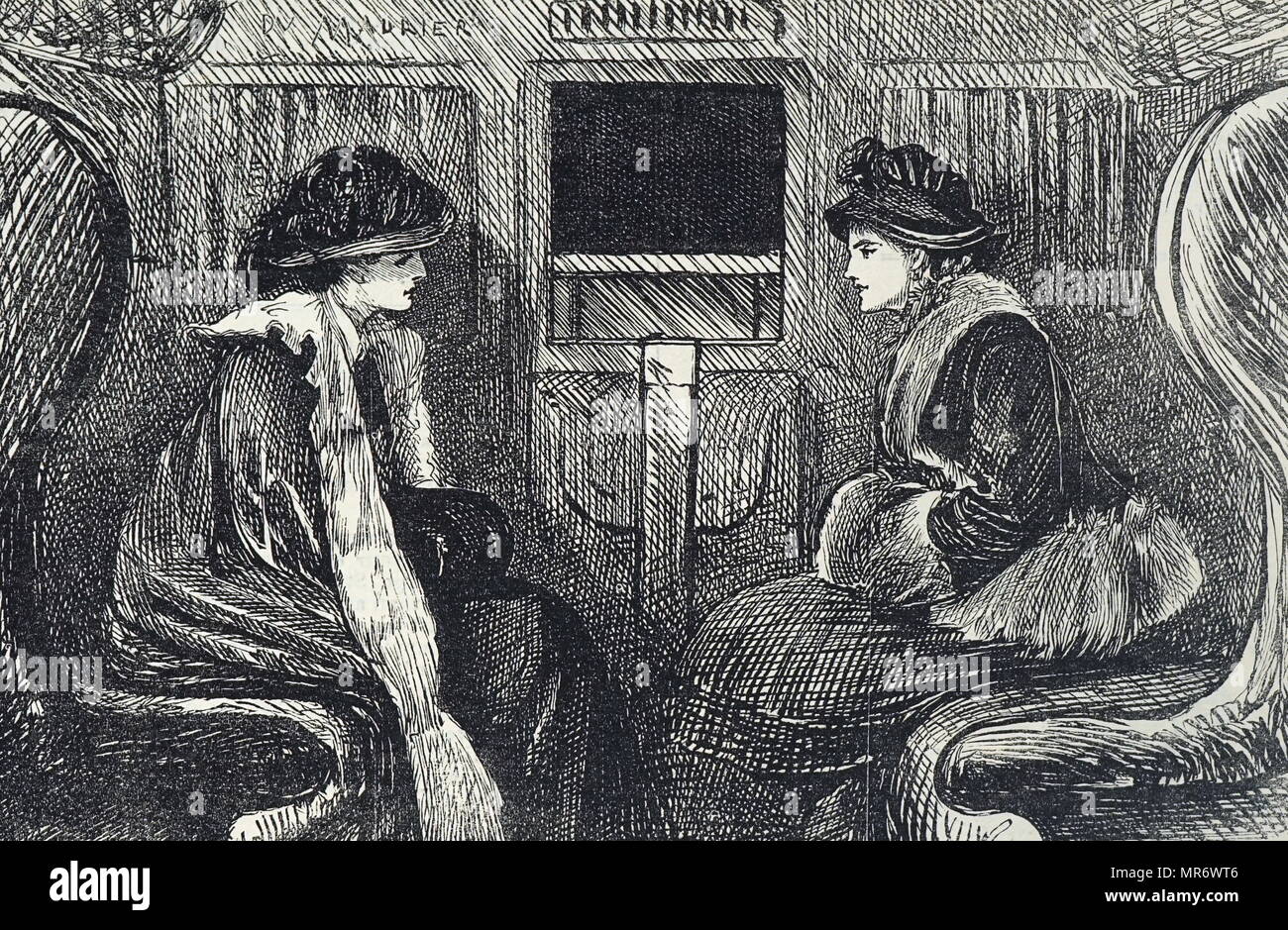 Cartoon raffiguranti i passeggeri della metropolitana di Londra. Impossibile guardare la vista, i passeggeri a superare la loro riserva naturale e parlare tra di loro. Illustrato da George du Maurier (1834-1896) un fumettista franco-britannica e l'autore. Datata del XIX secolo Foto Stock