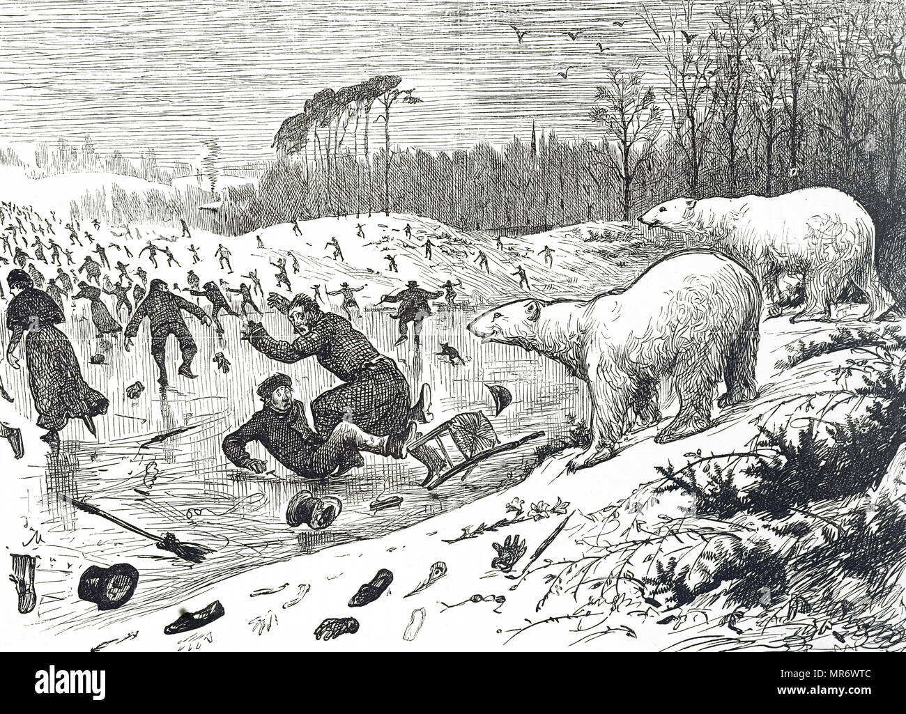 Cartoon raffiguranti i londinesi che erano convinti che la nuova era glaciale aveva cominciato. L'inverno 1880/ è stato più grave di quello usuale in Gran Bretagna che ha scatenato queste teorie. Illustrato da George du Maurier (1834-1896) un fumettista franco-britannica e l'autore. Datata del XIX secolo Foto Stock