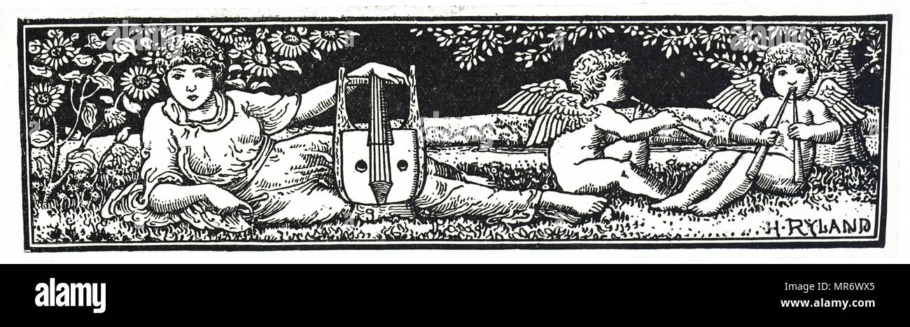 Testiera raffiguranti putti suonare strumenti. Illustrato da Henry Ryland (1856-1924) un pittore inglese, illustratore di libri, arredatore e designer. Datata del XIX secolo Foto Stock