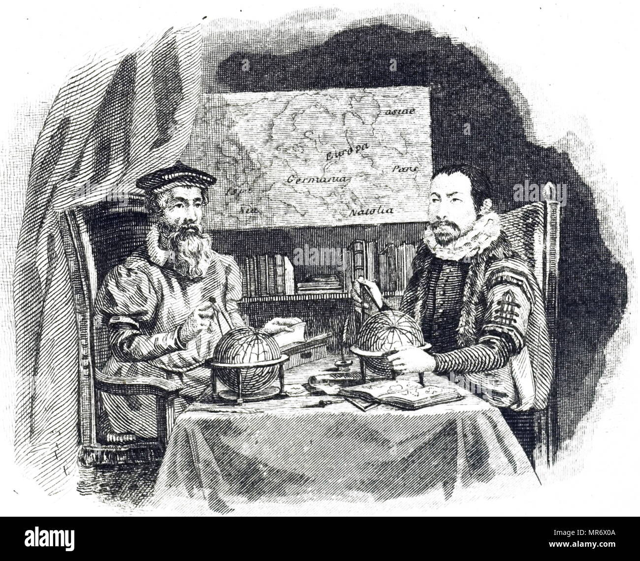 Incisione raffigurante Gerardus Mercator e Jodocus Hondius. Gerardus Mercator (1512-1594) un German-Flemish cartografo, geografo e cosmografo. Jodocus Hondius (1563-1612) una Fiamminga Incisore e cartografo. Datata del XIX secolo Foto Stock