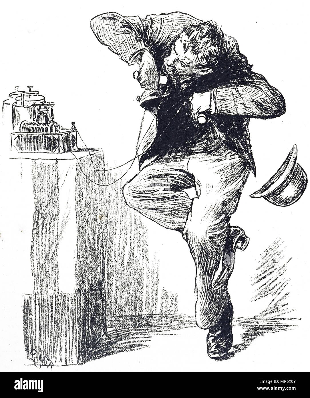 Incisione raffigurante un uomo avente un giro sulla batteria galvanica che scosse la persona in possesso di esso. Datata del XIX secolo Foto Stock