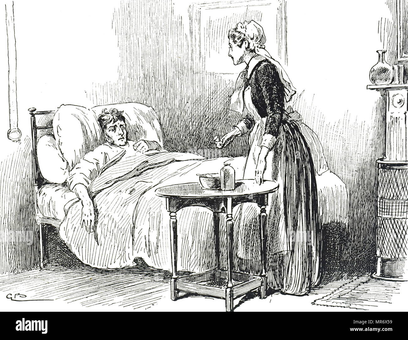 Incisione raffigurante un infermiere privato tendente al suo paziente. Datata del XIX secolo Foto Stock