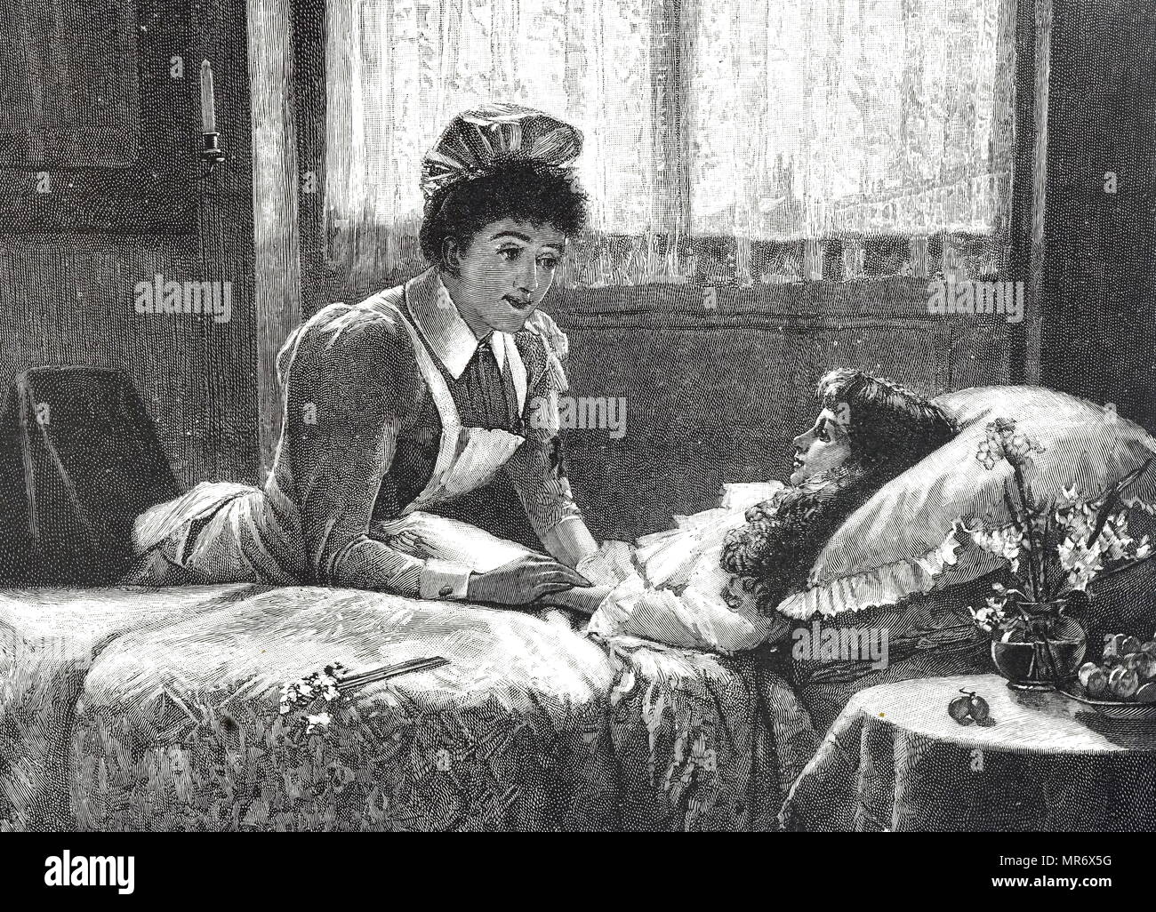 Incisione raffigurante un infermiere privato tendente al suo paziente. Datata del XIX secolo Foto Stock