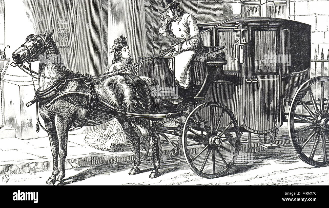 Incisione raffigurante un brougham, una luce, quattro ruote in carrozza trainata da cavalli, chiamato dopo il giurista scozzese Signore Brougham. Datata del XIX secolo Foto Stock