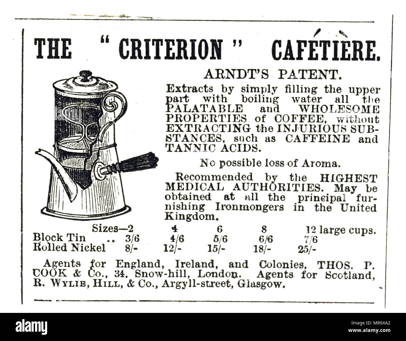 Pubblicità per Arndt criterio della Cafetière, noto anche come una pressa francese Cafetière à pistone, Caff, premere pot, caffè premere o al caffè stantuffo, un caffè dispositivo infusore. Datata del XIX secolo Foto Stock
