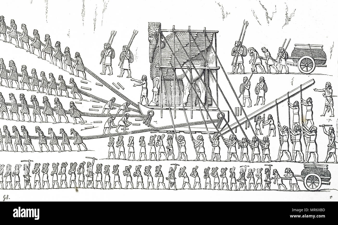 Incisione raffigurante assiri manovra di una colossale statua in posizione per mezzo di leve, funi e rulli. Datata del XIX secolo Foto Stock