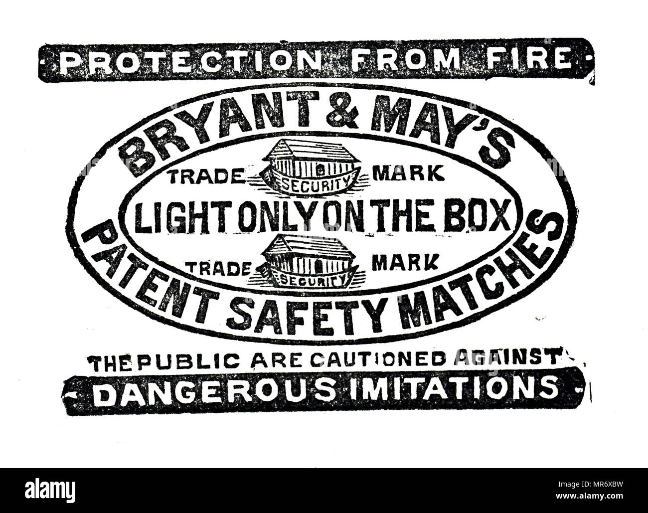 Pubblicità per Bryant & maggio del brevetto fiammiferi di sicurezza. Datata del XIX secolo Foto Stock