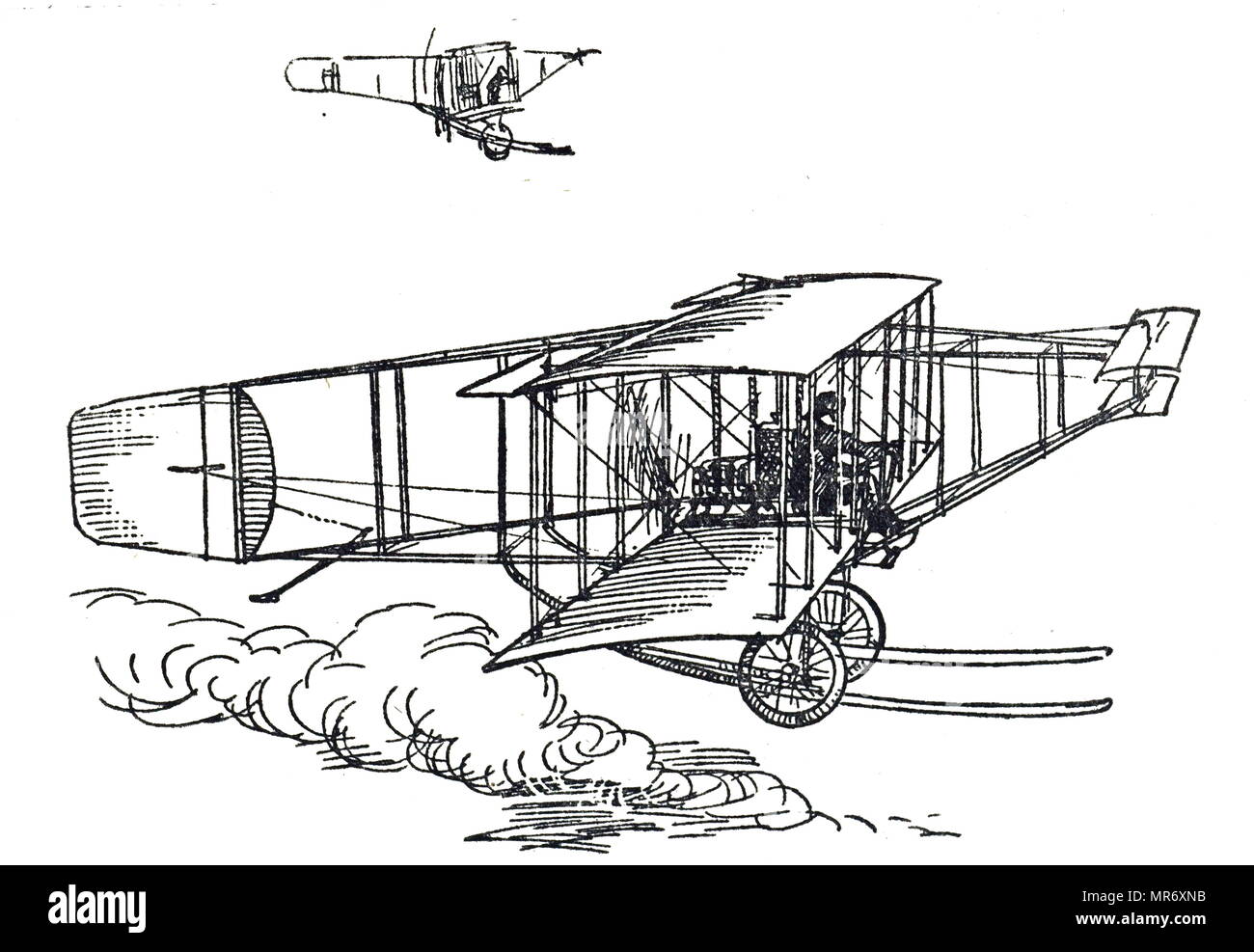 Illustrazione di un biplano Wright del tipo spingente con ascensori nella parte anteriore. I fratelli Wright Orville e Wilbur, erano due americani aviatori, tecnici, inventori e pionieri del volo che sono generalmente accreditata con inventare, edificio e battenti nel mondo il primo aereo di successo. In data xx secolo Foto Stock