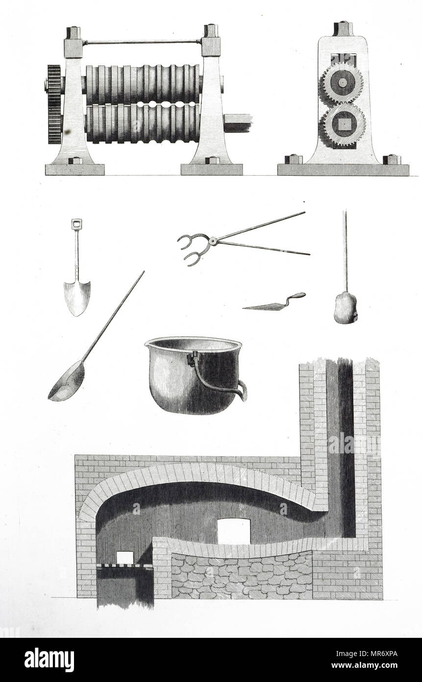 Vista in sezione di un forno di copertura (3), disco rulli (5,6) e vari piccoli strumenti di fonderia. Datata del XIX secolo Foto Stock