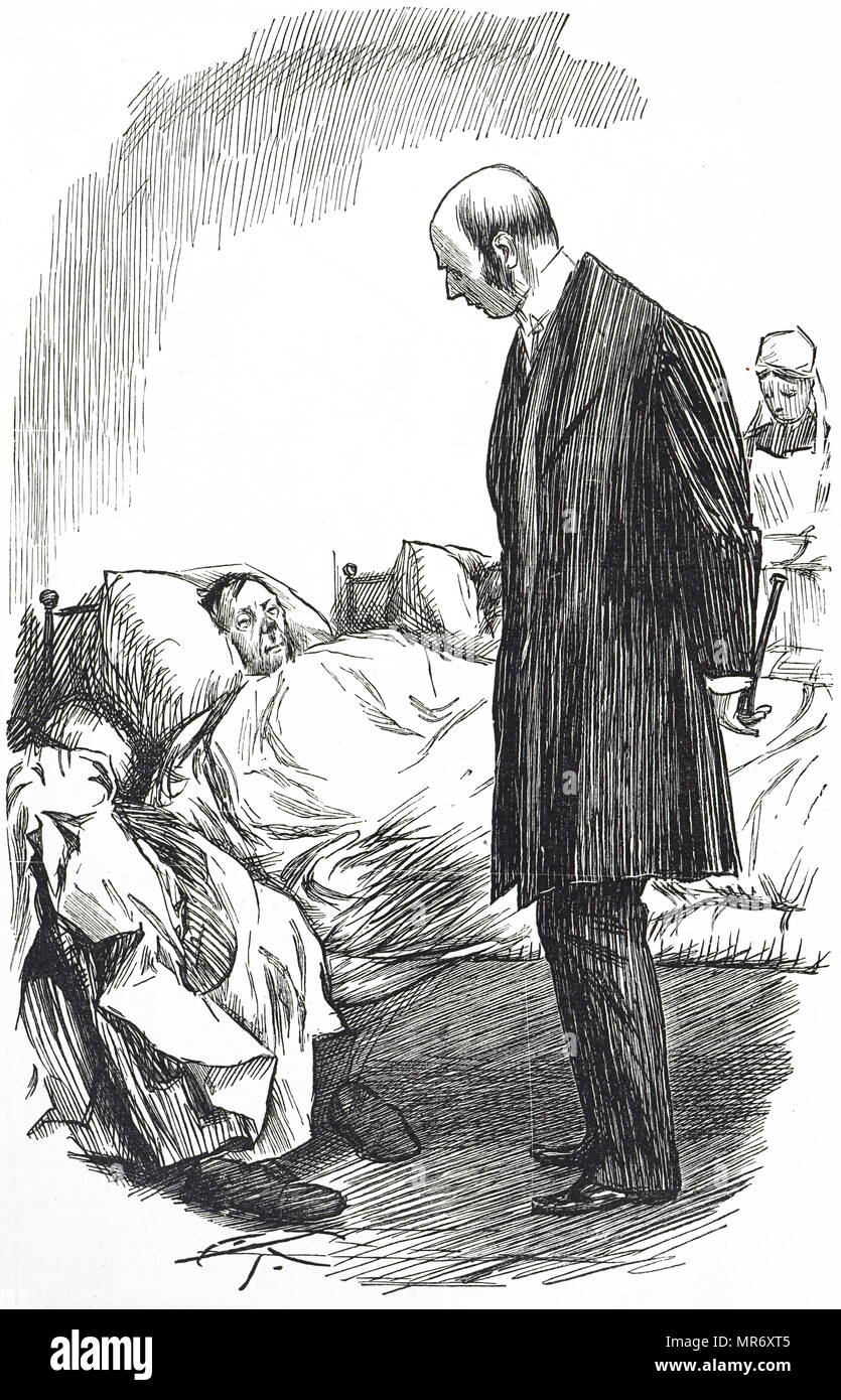 Cartoon intitolato 'disappointment in store' raffigura un uomo sul suo letto di morte di essere visitato dal suo medico. Datata del XIX secolo Foto Stock