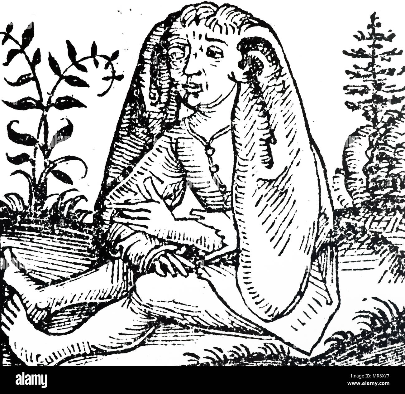 Woodblock incisione raffigurante un long-eared Phanesian, che hanno creduto di abitare a determinate regioni della terra antica. Datata xv secolo Foto Stock