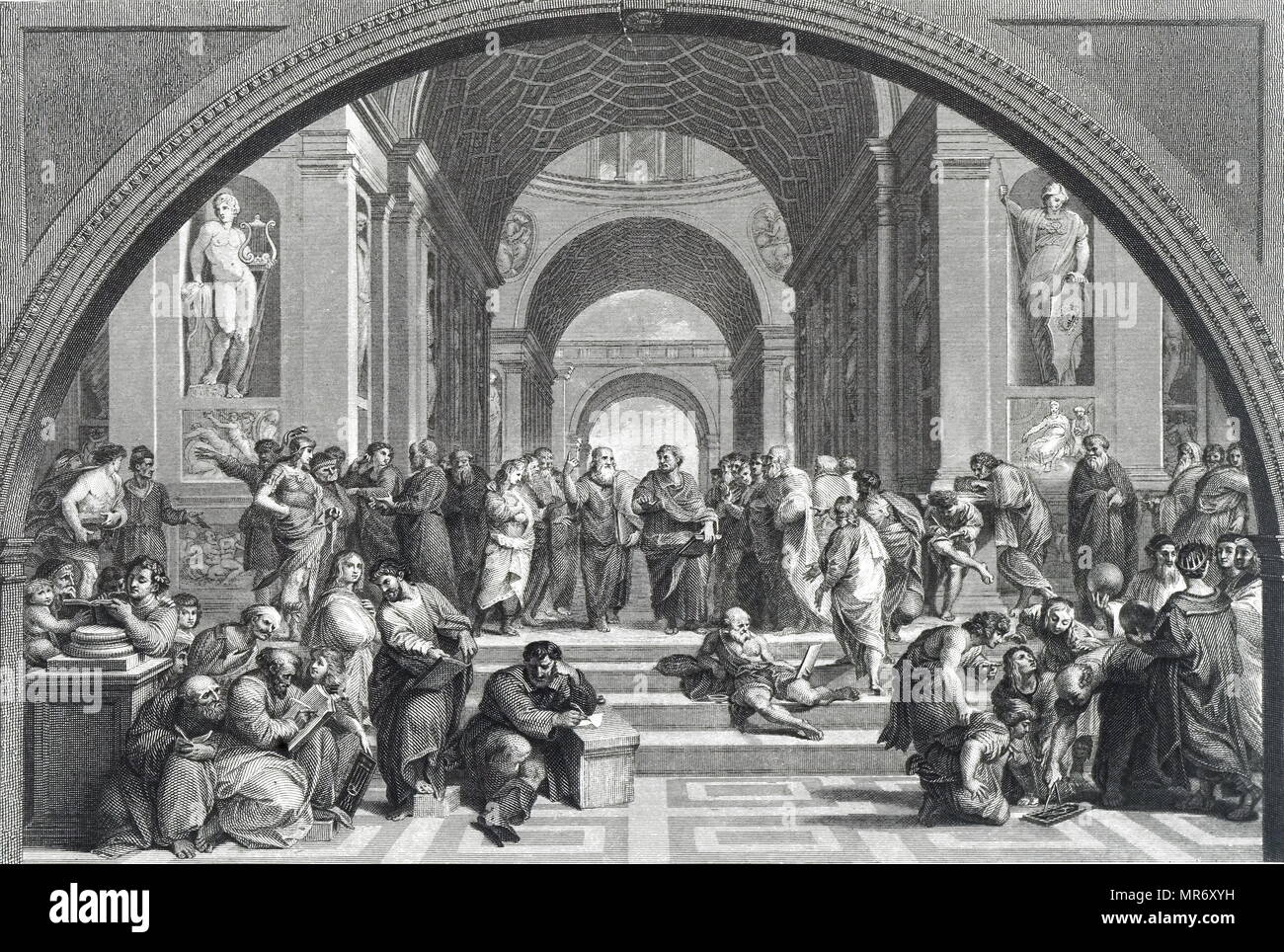Incisione raffigurante la "Scuola di Atene" dopo l'affresco di Raffaello. Raphael (1483-1520) un italiano pittore e architetto del Rinascimento. Datata del XIX secolo Foto Stock