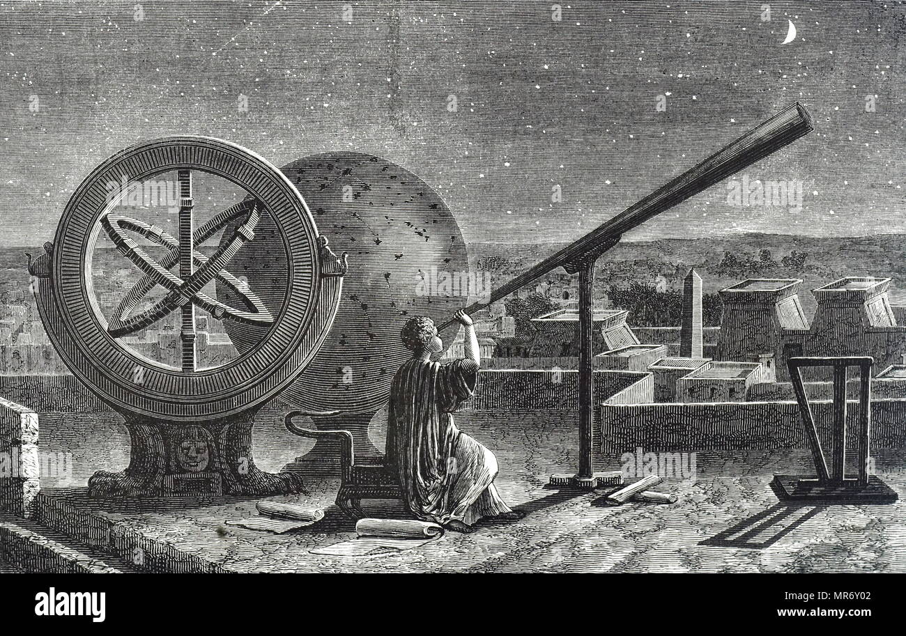 Incisione raffigurante un artista della impressione di Ipparco lavorando presso l'osservatorio di Alessandria. Ipparco di Nicea (190 BC-120 BC) un astronomo greco, geografo e matematico. Datata del XIX secolo Foto Stock