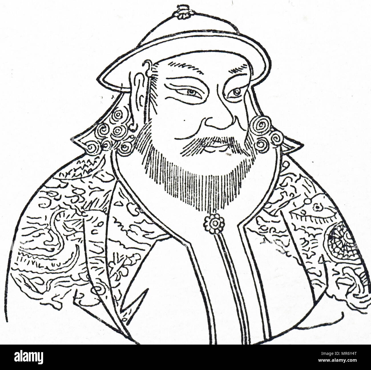 Incisione raffigurante Kublai Khan (1215-1294) il quinto Khagan dell'Impero Mongolo e fondatore della dinastia Yuan in Cina. Datato xiv secolo Foto Stock