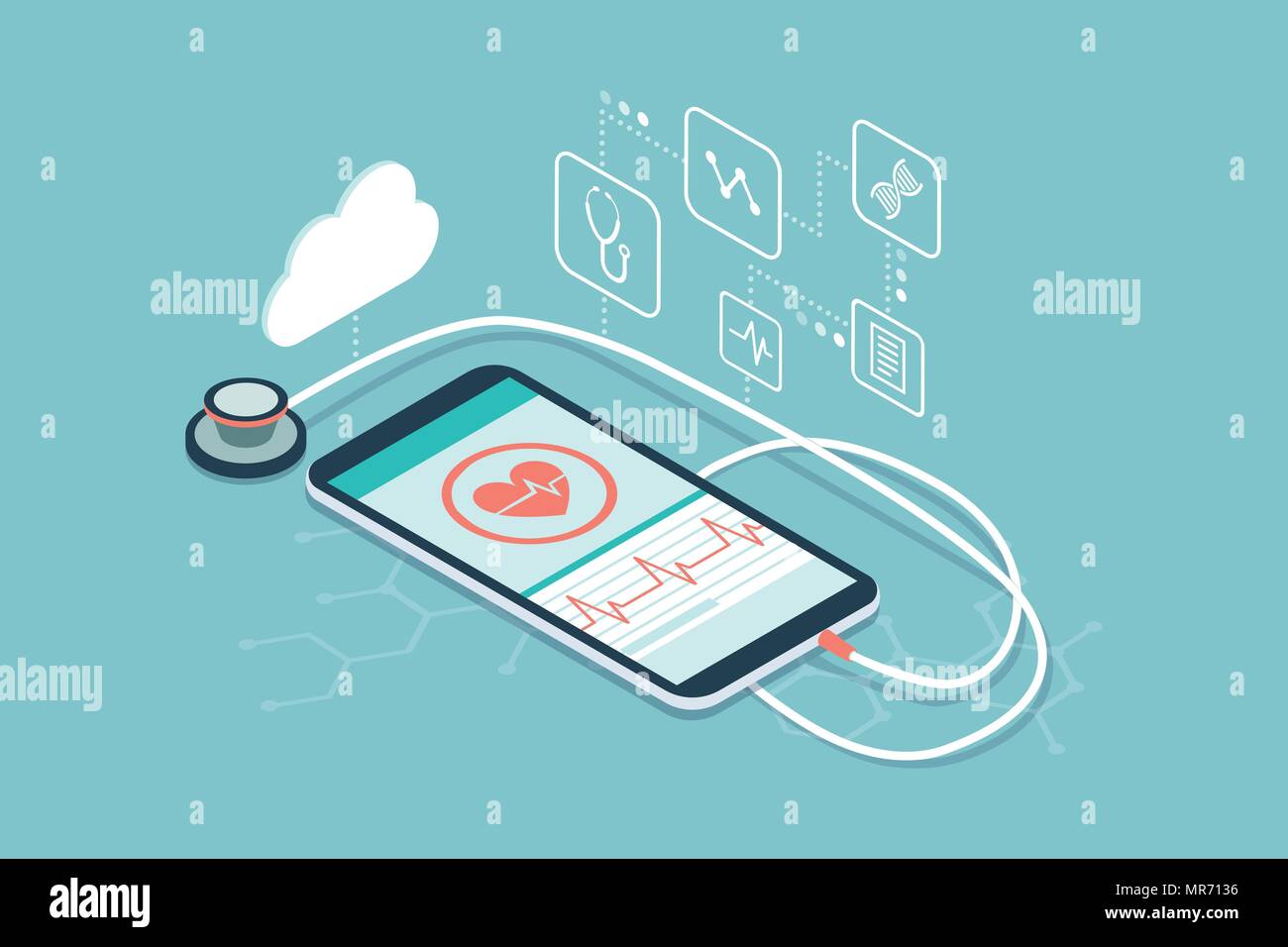 Stetoscopio digitale collegato a uno smartphone e icone: innovative la diagnosi medica e il concetto di tecnologia Illustrazione Vettoriale